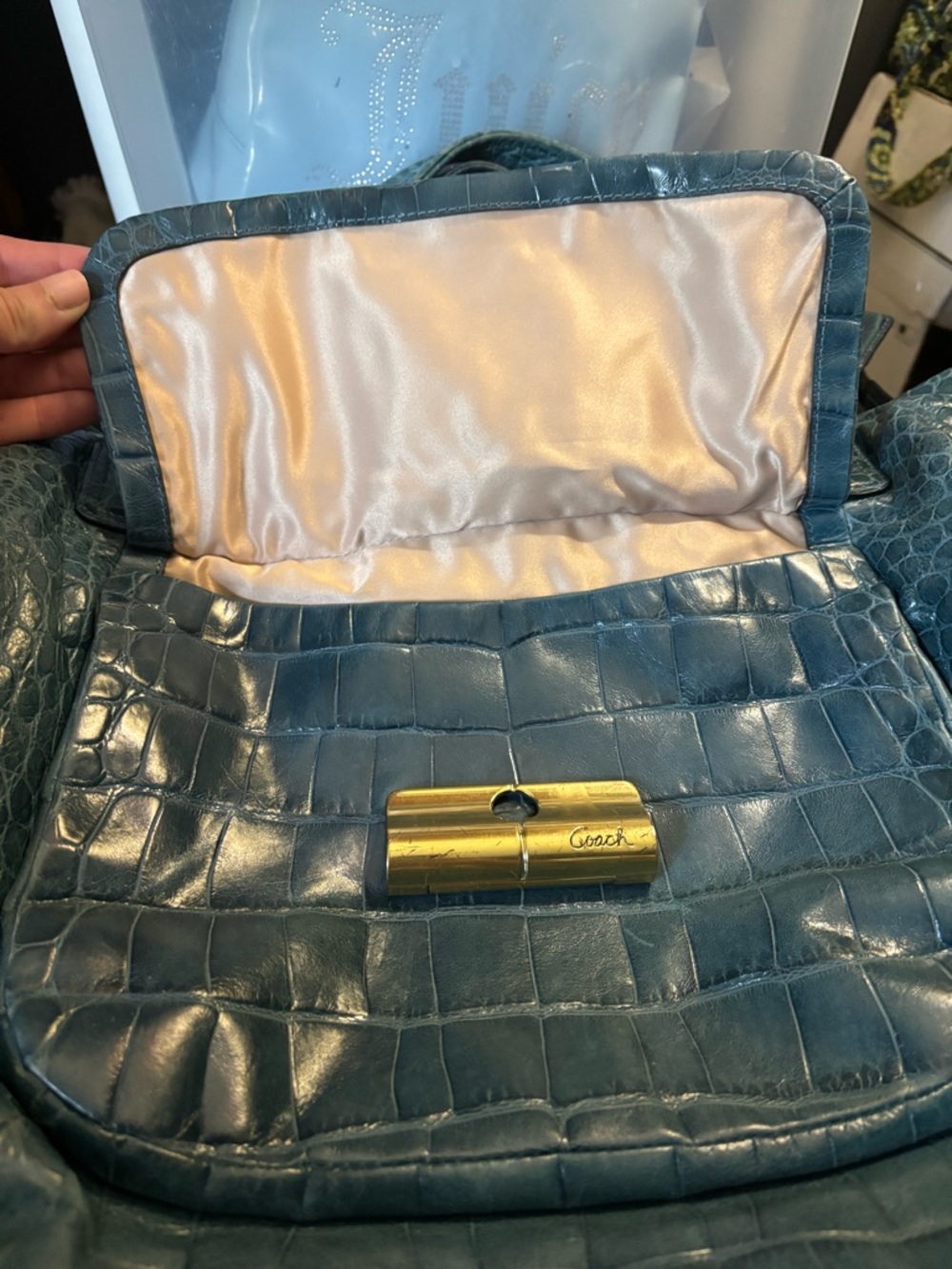 Teal Croc-Embossed Leather Tote Bag with Gold Hardware - Picture 5 of 16